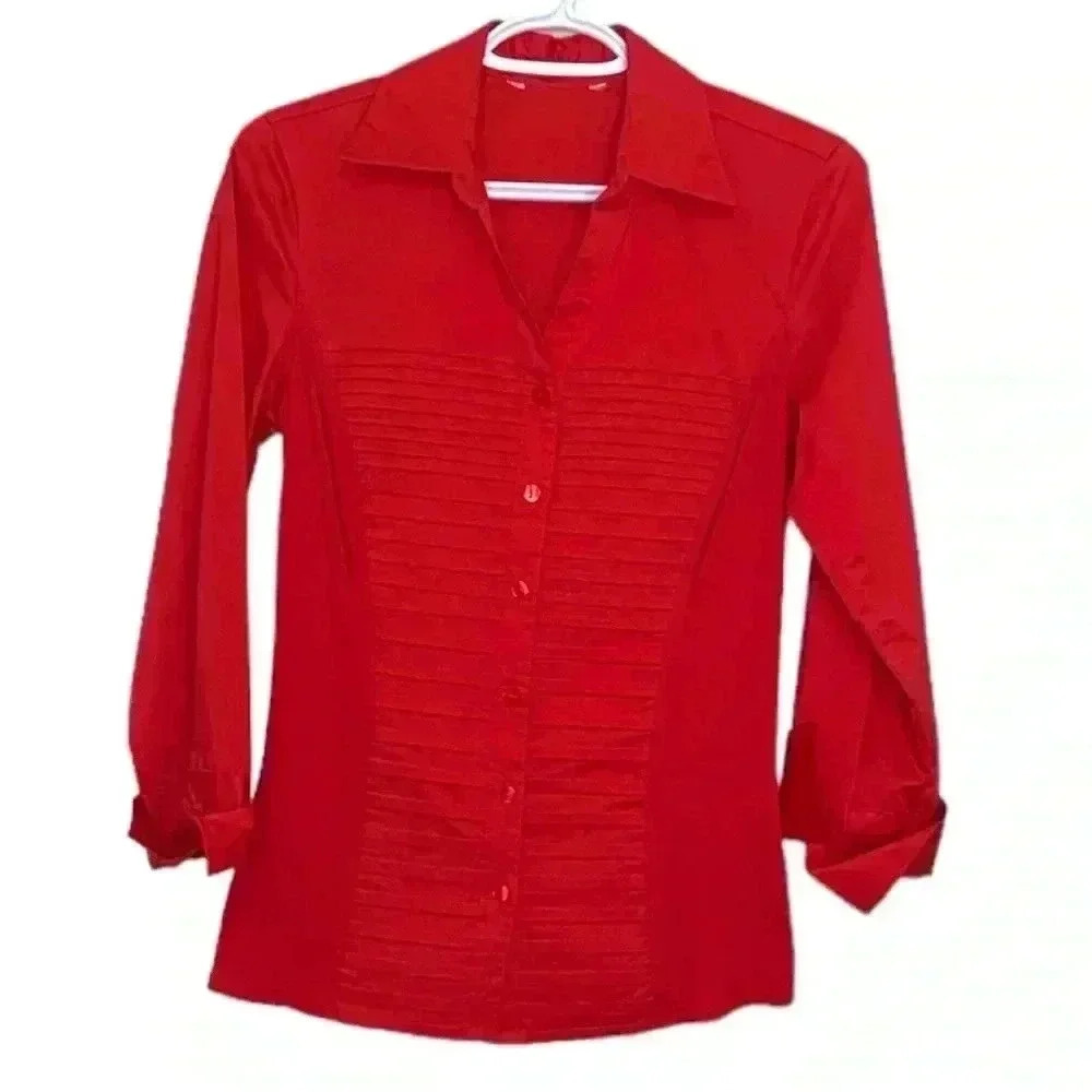 Cleo Red Button Down Shirt w Horizontal Pleats, Soft Side Panels 3/4 sleeves